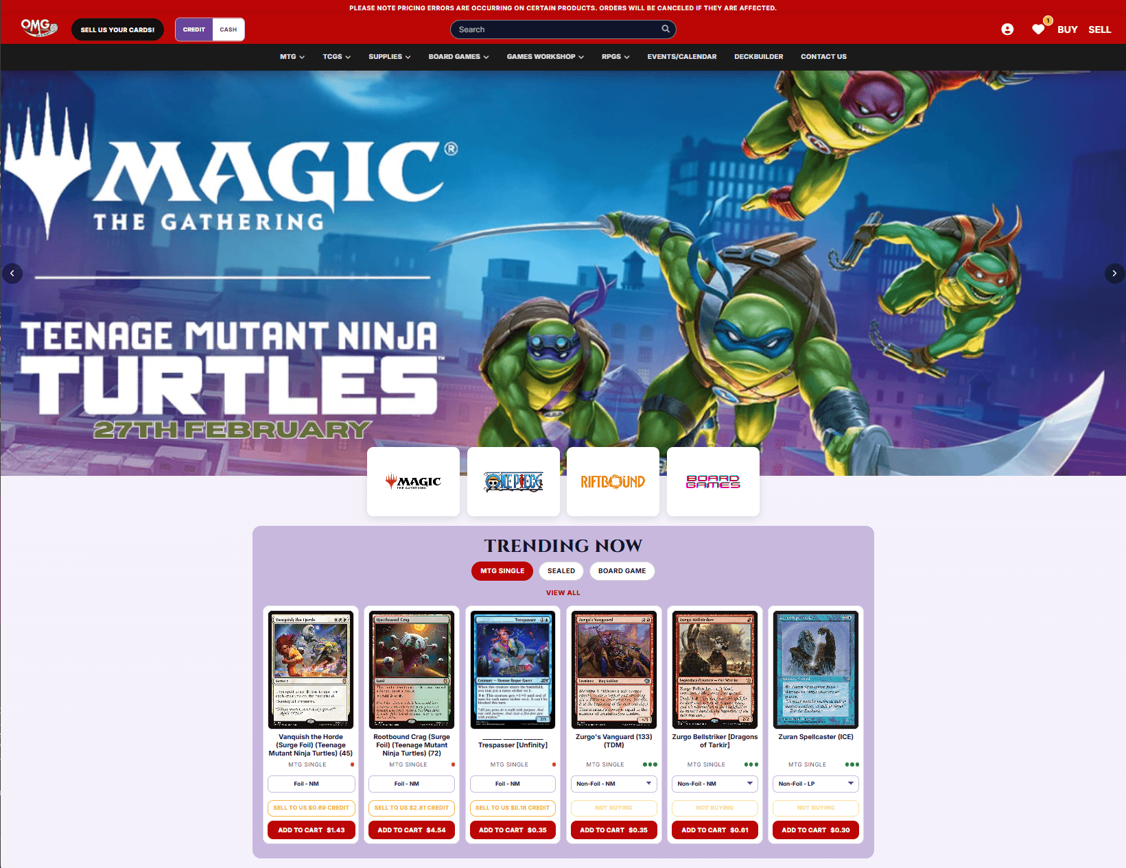 OMG Games homepage with banner carousel and trending products