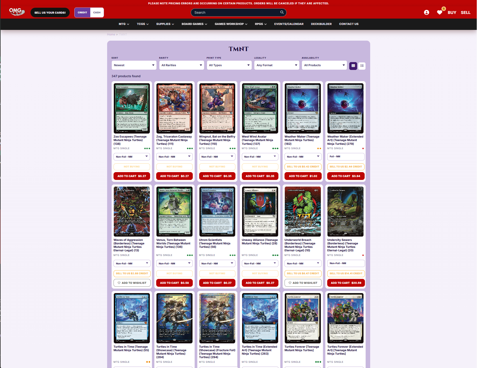 OMG Games product catalog with buy and sell pricing