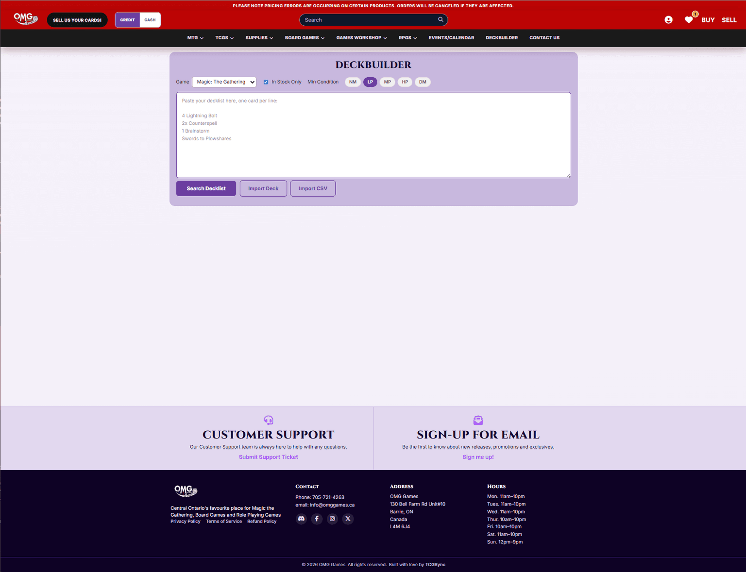 OMG Games deckbuilder with paste decklist and condition filters