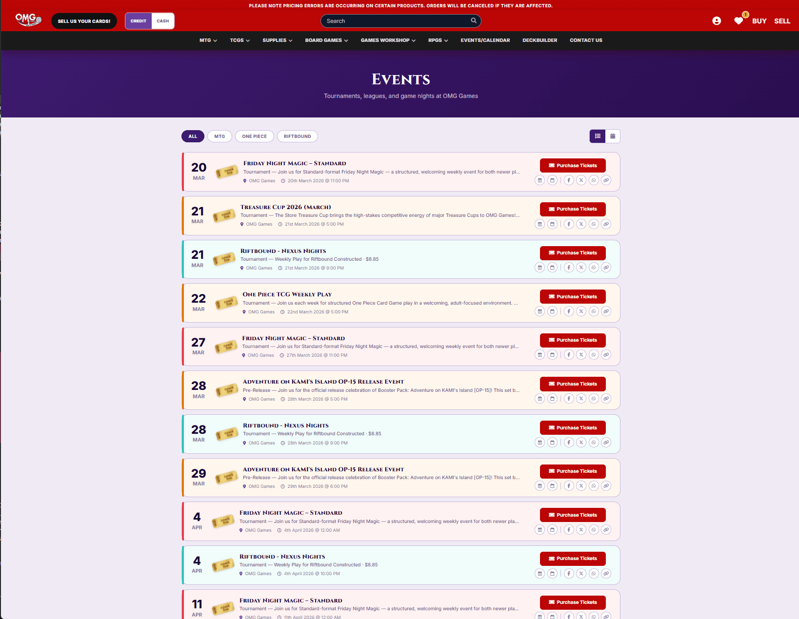 OMG Games events calendar with Friday Night Magic and tournaments