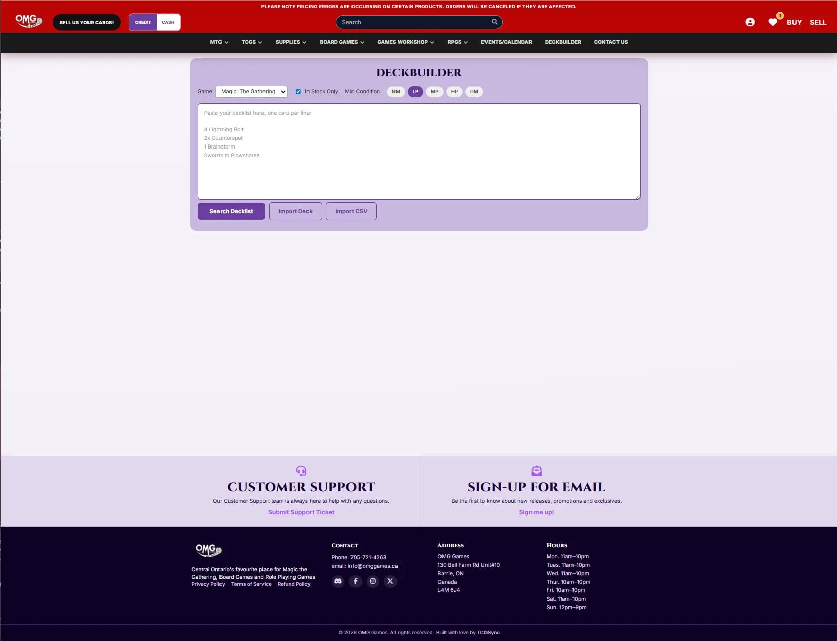 Deckbuilder on a TCG Sync example store with decklist paste box, game selector, and condition filters.