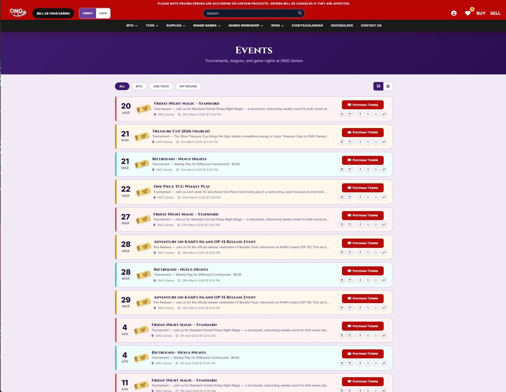 OMG Games events calendar with Friday Night Magic and tournaments